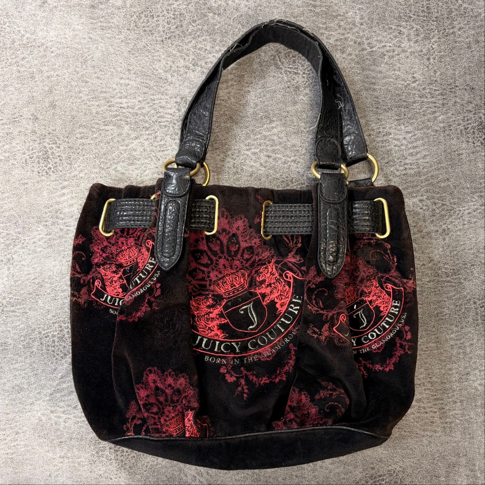 Juicy Couture Black Velour Red Crest Embellished Bag